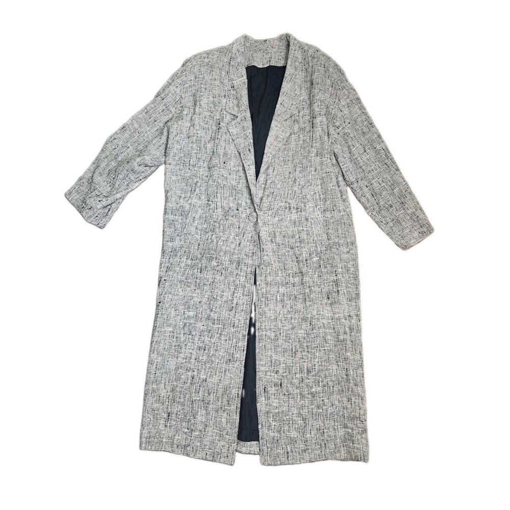 VTG 90s Doncaster 100% Silk Woven Trench Coat Black & White Shoulder Pads Sz M